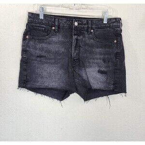 Old Navy Shorts Womens 12 Black Denim High Rise OG Straight Distressed Raw Hem